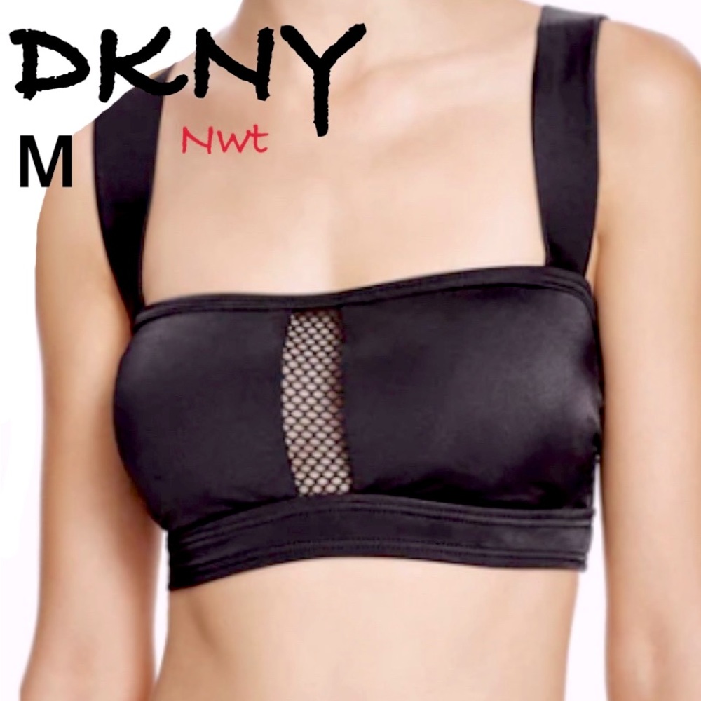 NWT DKNY black square mesh inset splice thick strap padded bikini top MEDIUM